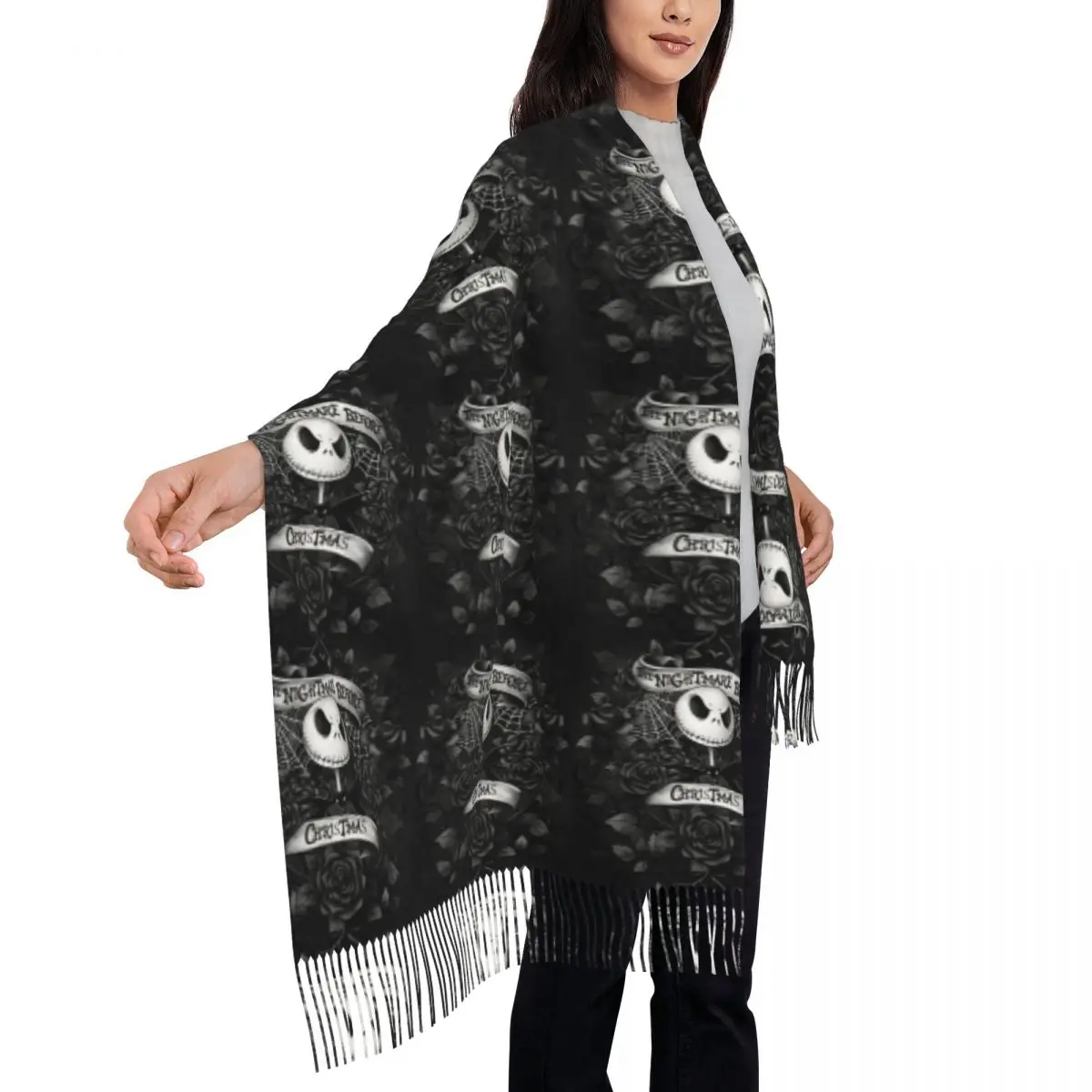 Custom The Nightmare Before Christmas Scarves Women Winter Thick Warm Tassel Shawl Wraps Halloween Skull Jack Skeleton Scarf