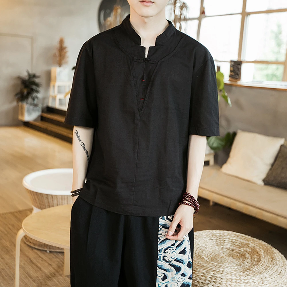 

Mens T-Shirt Plain Cheongsam Button Casual T-Shirt Summer Retro Daily Versatile Simple Short-Sleeved Top Men'S Clothing 2025 New