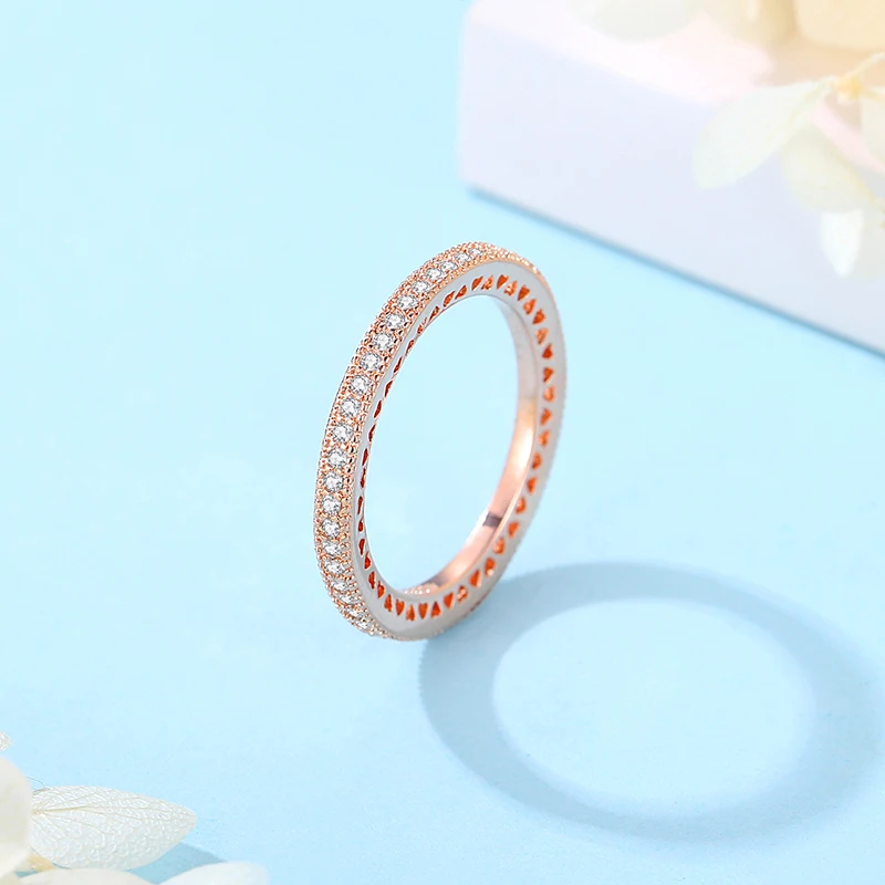 925 Sterling Silver Rings For Women Love Heart Rose Gold Color Engagement Stackable Ring Luxury Brand Jewelry Gift Wholesale