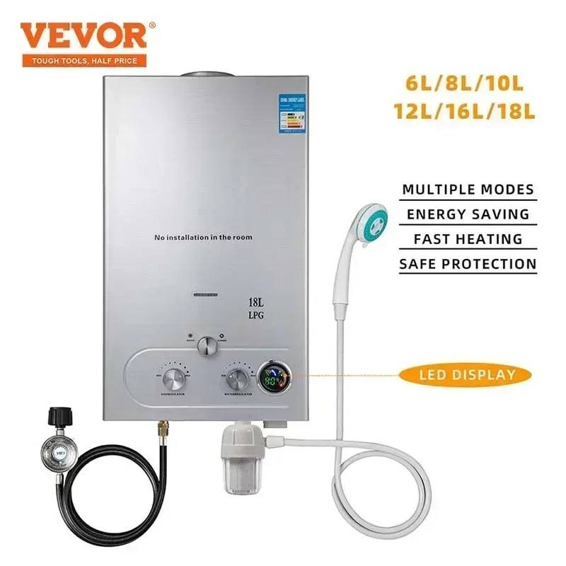 VEVOR 6L/8L/10L/12L/16L/18L propane gas LPG tank less water heater on-demand boiler shower kit, can be used outdoors