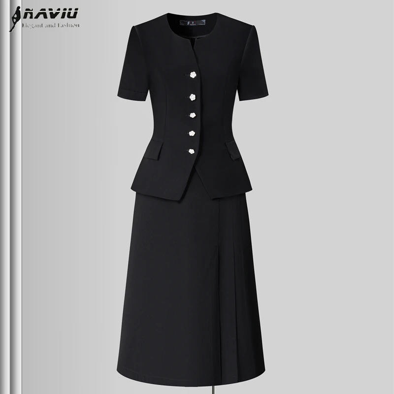 

NAVIU Black Pink Women's Suit High End Elegant Slim Waist Short Sleeve Coat And A Line Midi Skirt Fashion Two Piece Set