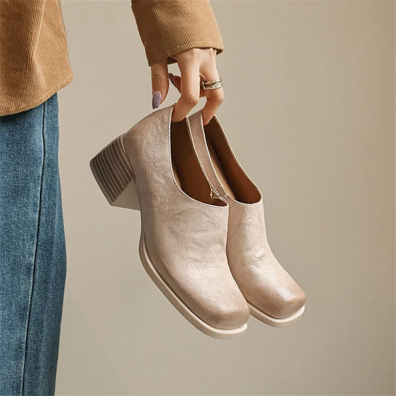 Chaussures en cuir véritable pour femmes, mocassins à bout carré, escarpins à talons hauts, nouvelle collection printemps/automne