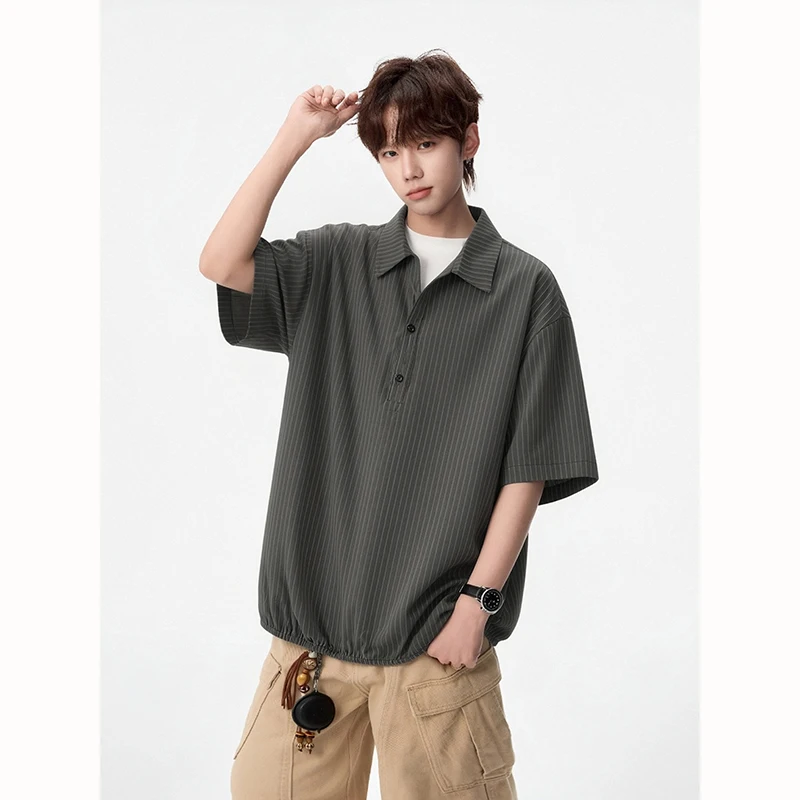 Summer Men's Vertical Stripes Short-Sleeved Casual Shirt with Collar and Casual T-Shirt in the Same