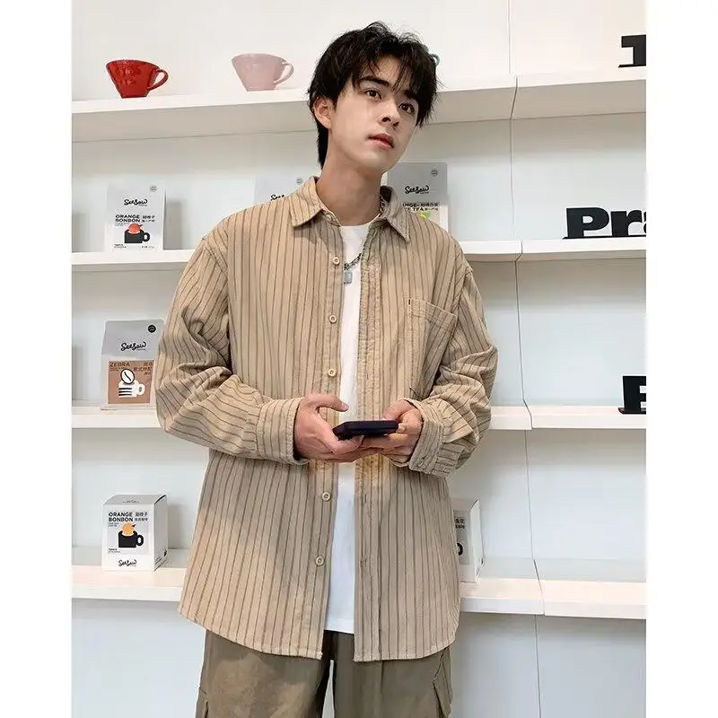 Spring and summer Hong Kong style loose striped long-sleeved shirt men's 2024 large size versatile fashion casual jacket top