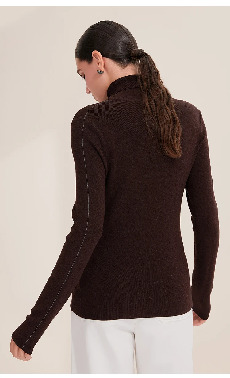 BY3521215 Premium Wollstrickpullover für Damen, eleganter Rollkragenpullover, einfarbig brauner Pullover, schickes, schmales Basic-Top für Bürodamen – Detail 7