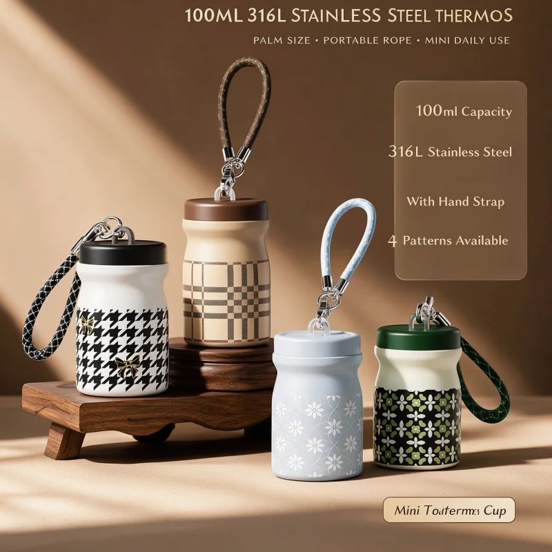 100ml Mini Pocket Thermos 316 Stainless Steel Cute Plaid Vacuum Insulated Water Bottle Portable Small Coffee Mug For Girls