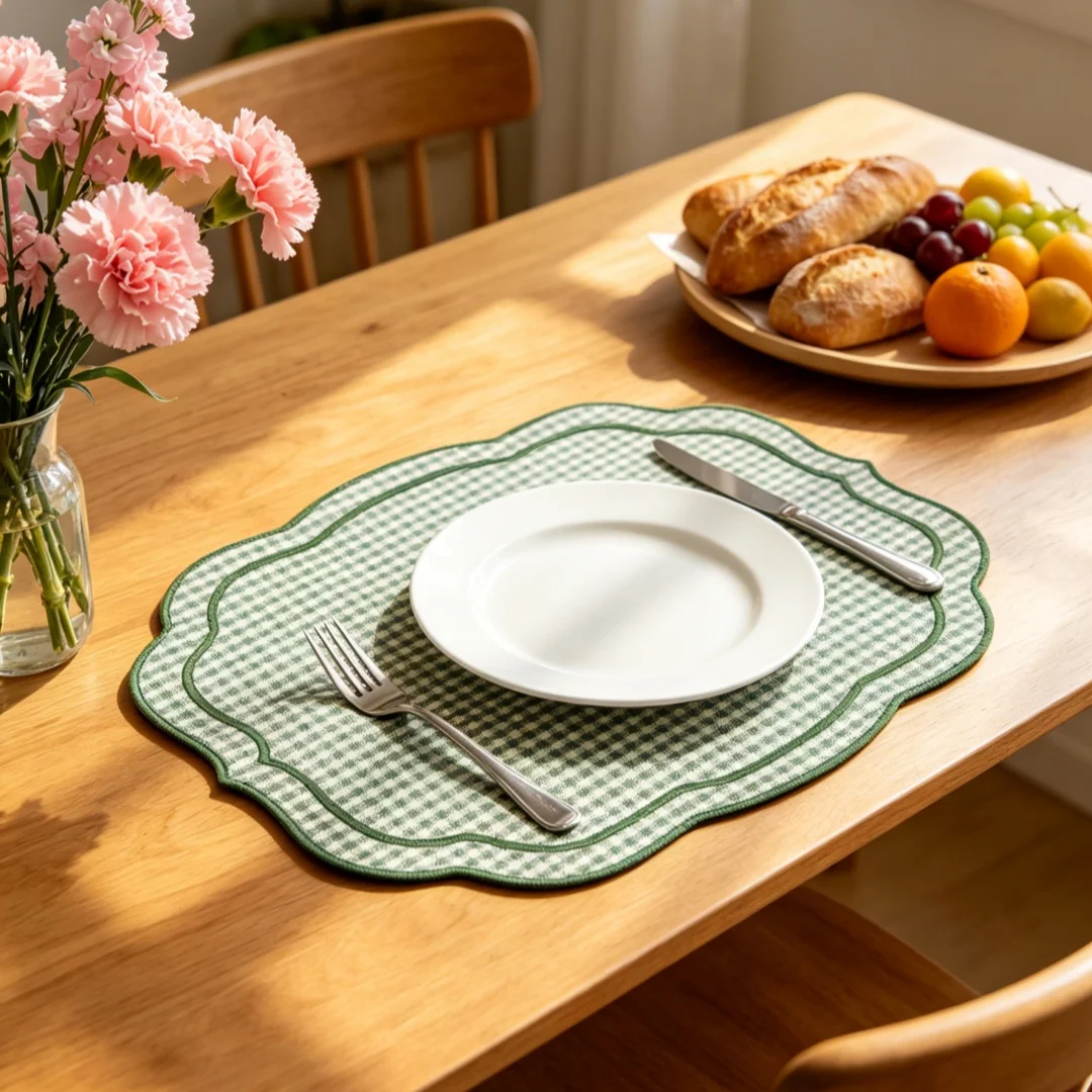 1PC Thick Embroidered Placemat with Scallop Edges Cotton and Linen for Home, Wedding, Party, and Holiday Desktop Decoration