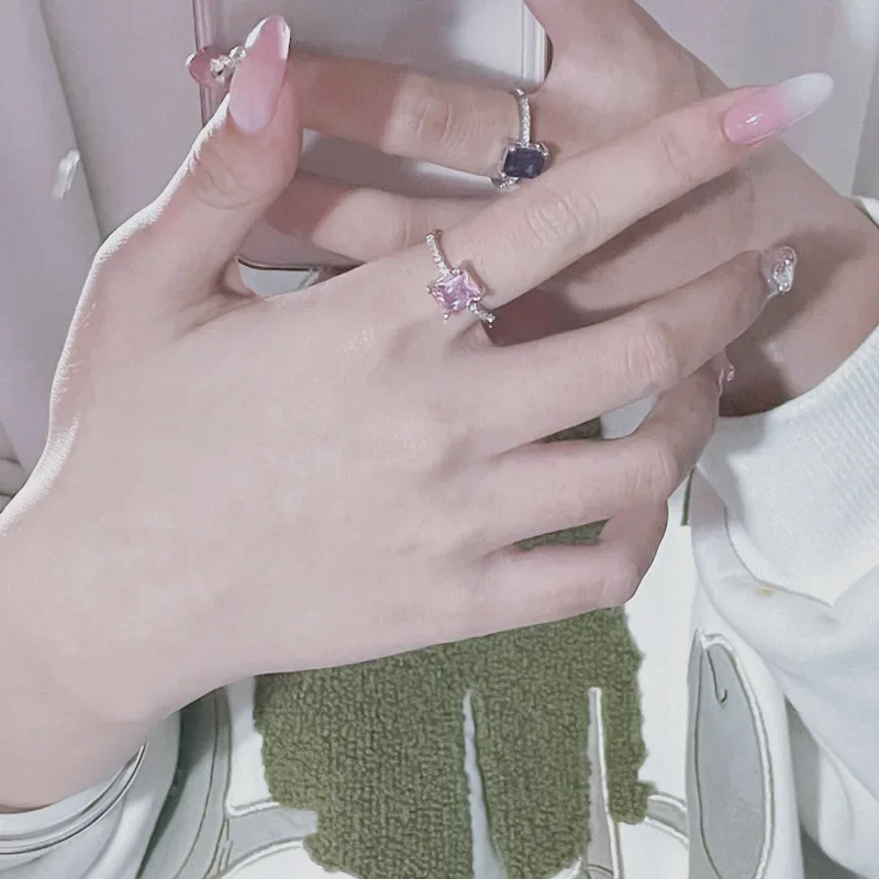 MDL Moissa!ite Style INS بسيط ملون قوس قزح سبليت اللون مستطيل مفتوح اليد حلقة سحرية #1