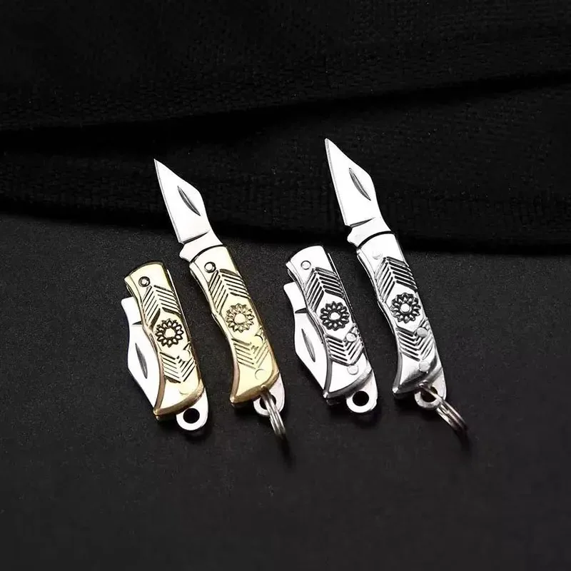Mini Folding Pocket Knife With Keyring Engraved Pattern Portable Tiny Cutter For Outdoor Daily Carry Emergency Cutting