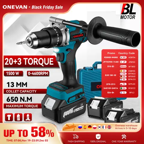 ONEVAN 13MM 650N.M 브러시리스 전기 임팩트 드릴 20+3 토크 전기 해머 드릴 파워 툴 (마키타 18V 배터리 핀용)
