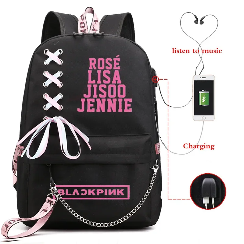 Korean Black Backpack Women Bag Waterproof Travel School Bag For Teenage Girls Black Pinker Casual USB Charging Laptop Sac Bols