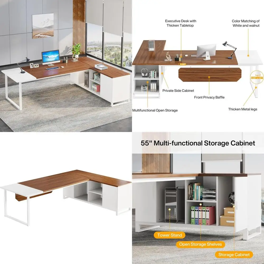 

Большой угловой стол с тумбой для хранения, комплект мебели для домашнего офиса 70.8 Executive, цвет орех/белый