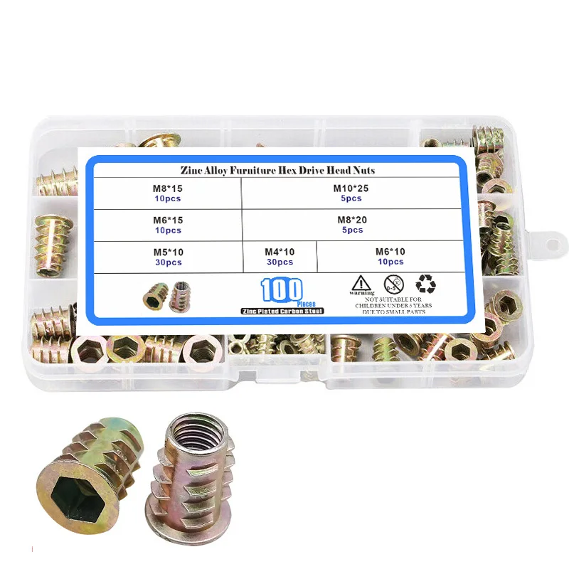 

100pcs Thread Insert Nut Set Zinc Alloy M4 M5 M6 M8 Wood Inserts Nut Kit Hexagon Head Furniture Nut