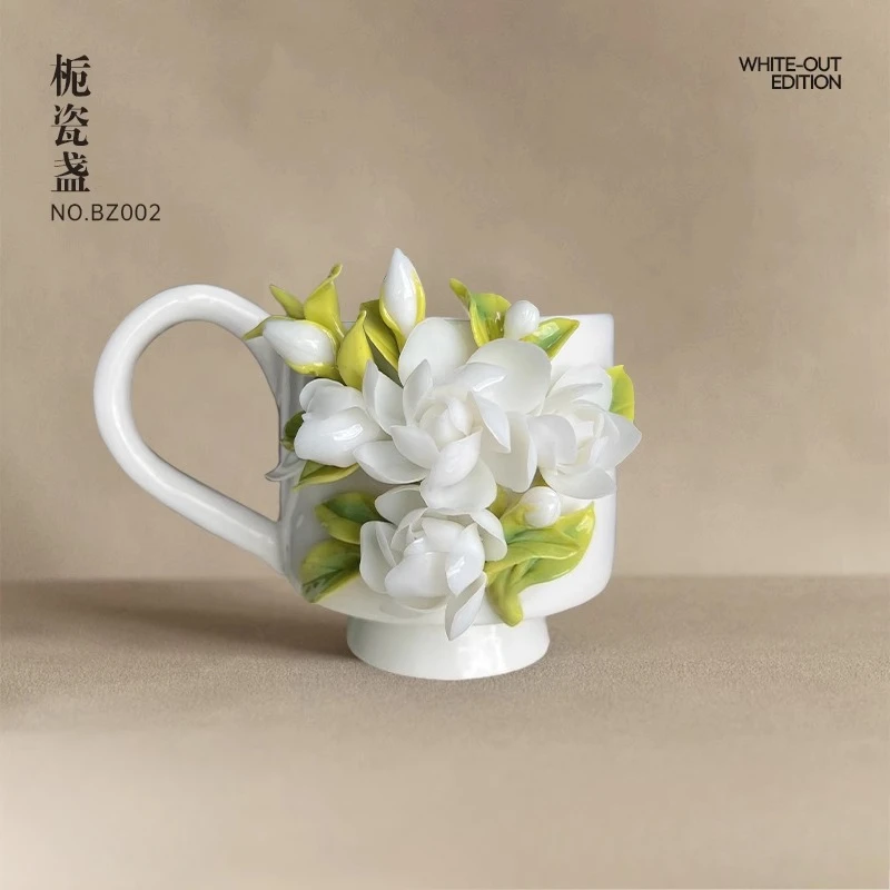 Intangible Cultural Heritage hand-squeezed gardenia ceramic cup coffee cup master cup birthday housewarming Mid-Autumn Festival