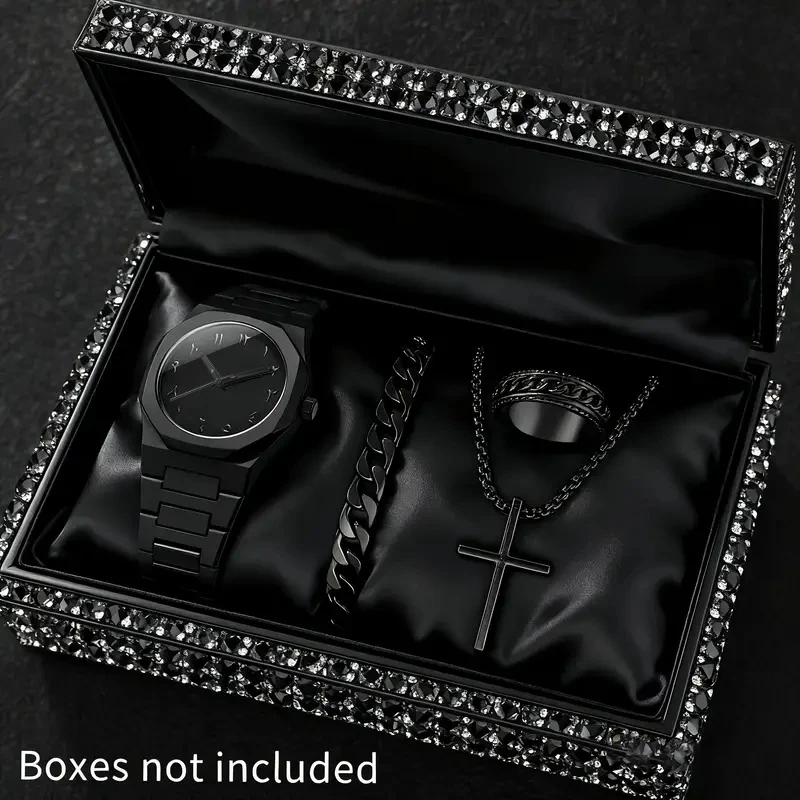 Unisex Polygons Quartz Watch Bracelet Necklace Ring Set Versatile Accessory for Parties Birthday Gifts (No Box Included)