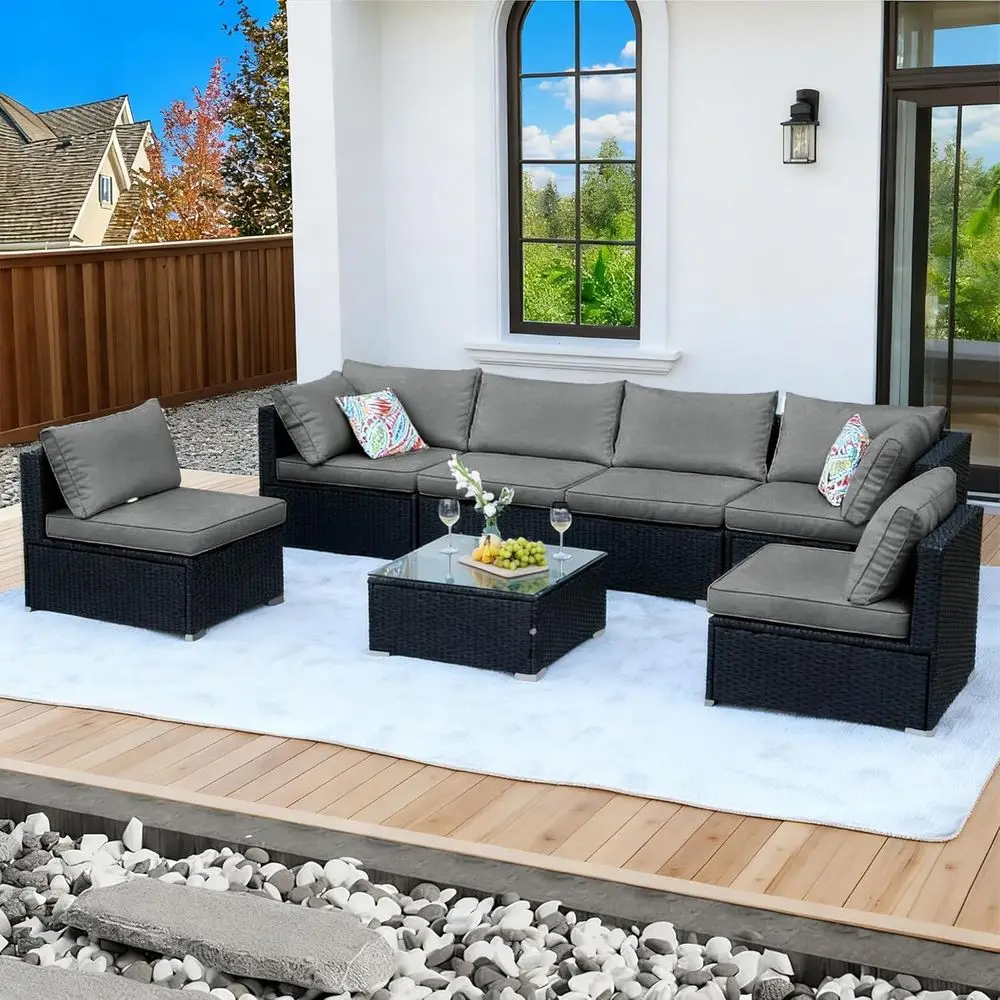 

7-Piece All-Weather Outdoor Wicker Sectional Sofa Set with Grey Cushions and Glass Table for Patio, Poolside, Spring 2026