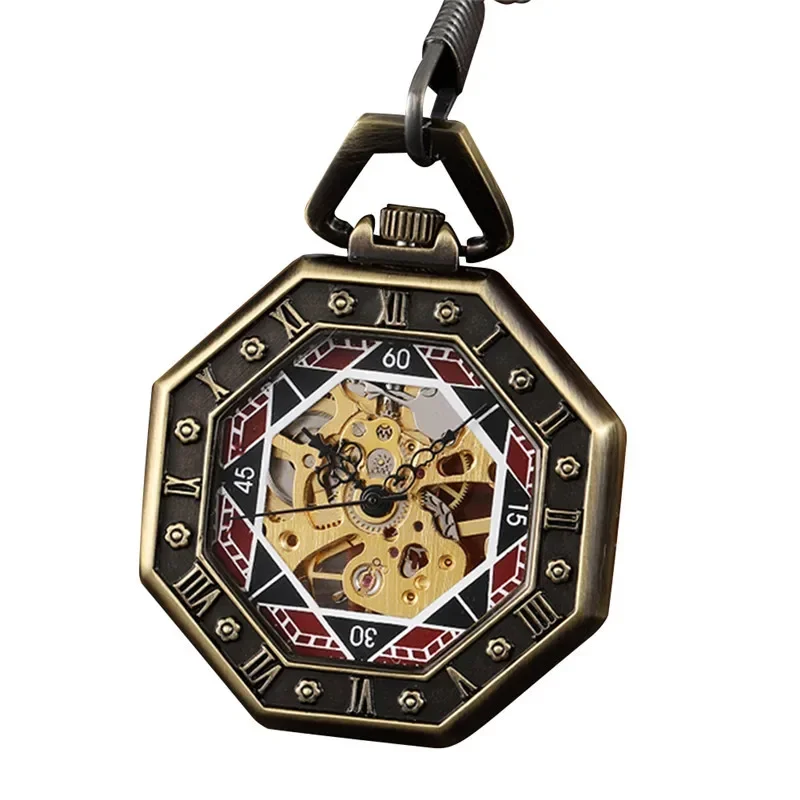 Retro Hand-winding Mechanical Pocket Watch for Men Women Octagon Shape Skeleton Clock Pendant FOB Chain Gift