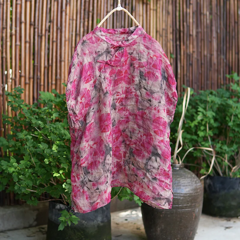 

Women's Chinese Button Elegant 2025 Summer Sleeveless New Printed Vintage Ramie Thin Blouses Loose Casual Literary Tunic Top