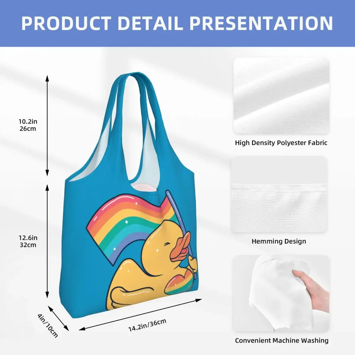 Custom Kawaii Printed Cute LGBT Rainbow Rubber Ducky Tote Shopping Bags Washable Canvas Shopper Shoulder Handbag