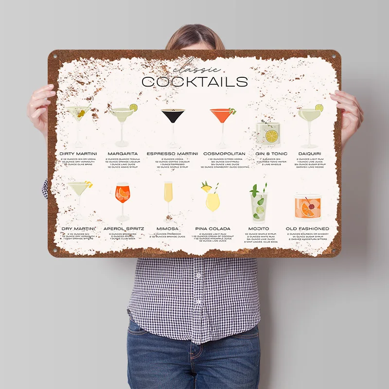 Póster impreso de recetas de cócteles clásicas, arte de pared personalizado, carteles de hojalata de Metal Retro Vintage para decoración de escritorio de habitación, decoraciones de garaje