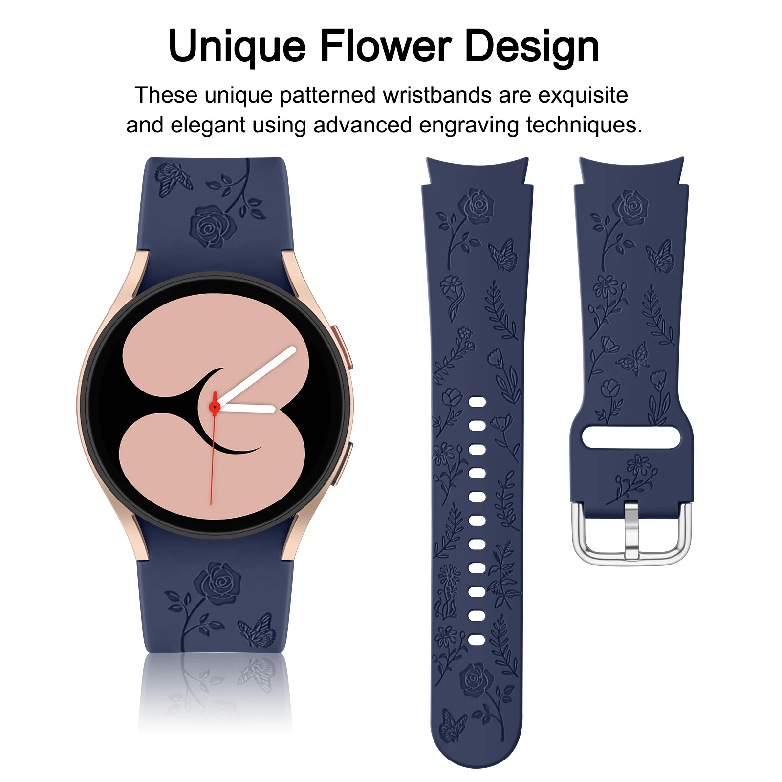 Correa de reloj con grabado de flores, 20mm, para Samsung Galaxy Watch 6/5/4, 40mm/44mm, 5Pro, 45mm, 6, 4 Classic, 43mm/47mm, 42mm/46mm