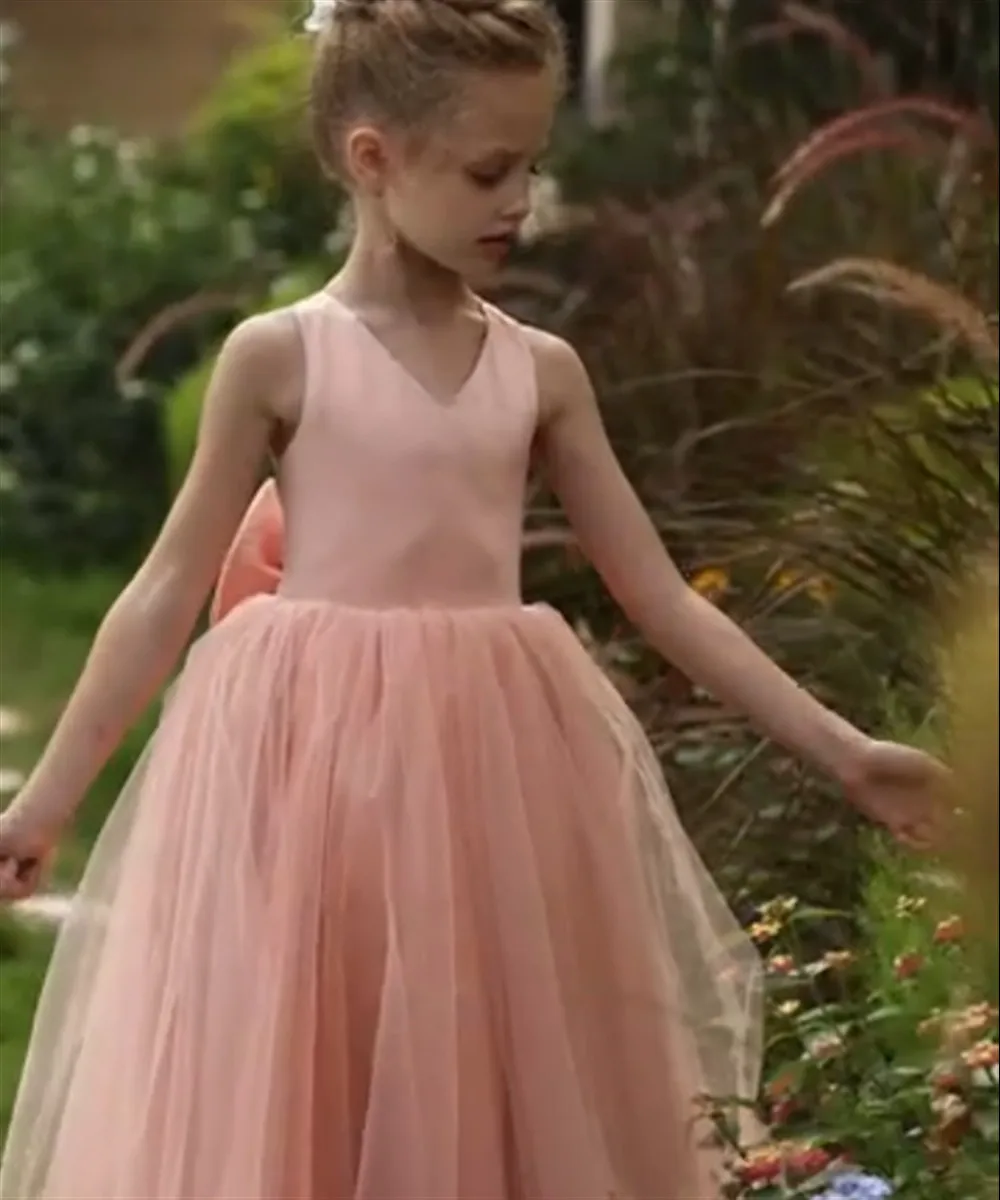Vestido de novia elegante personalizado con flores para niña, vestido de satén con tirantes cruzados y lazo para fiesta de cumpleaños, graduación, vestido de baile de primera comunión para niños