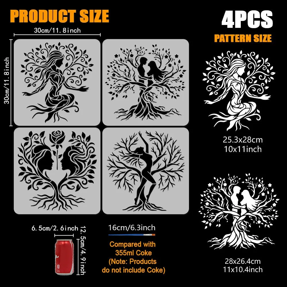 4 Pcs Women Tree of Life Painting Stencils with Paintbrush 11.8x11.8 inch Couple Silhouette Stencils Romantic Floral Stencil