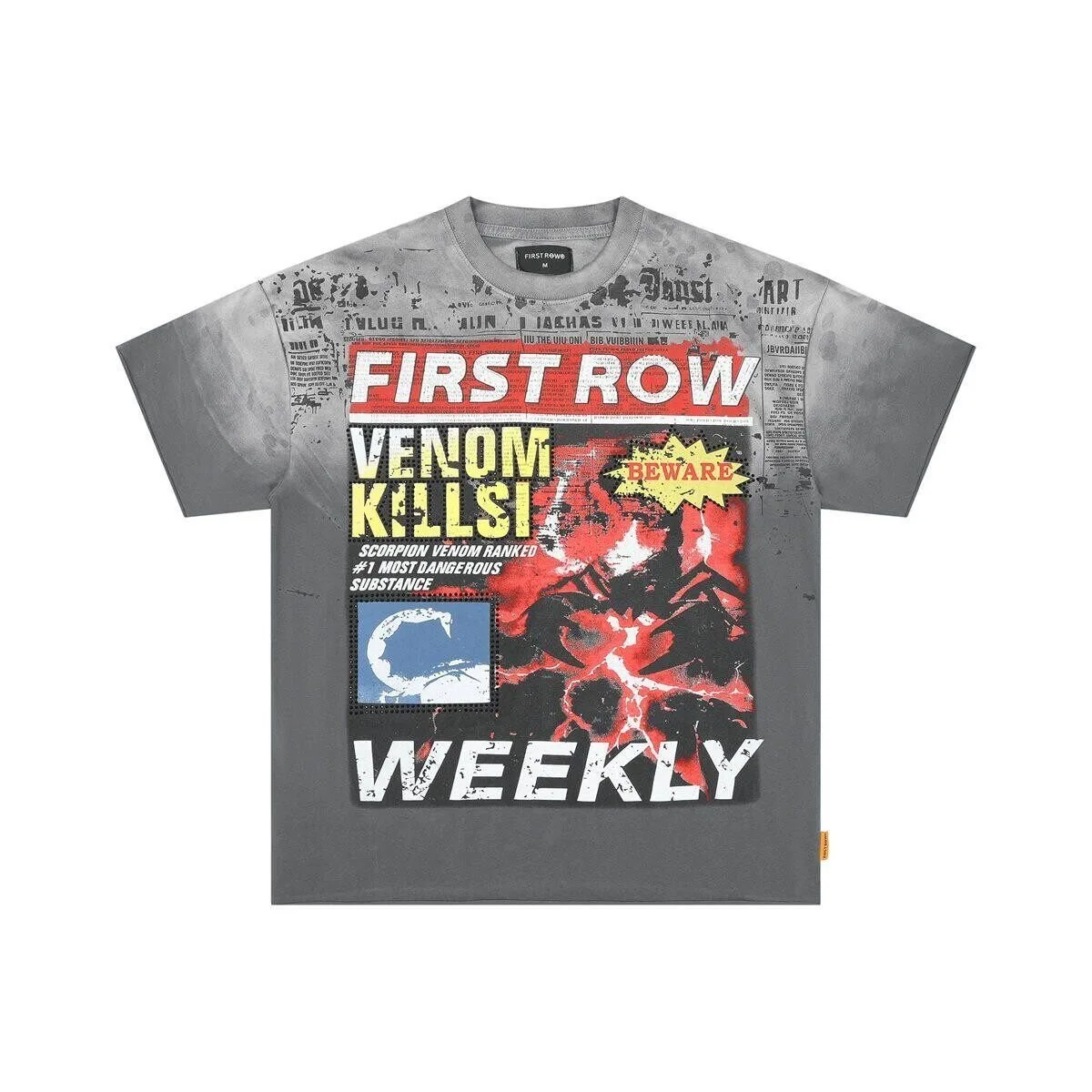 First Row Retro Street-Worn Vintage Print Short-Sleeved T-Shirt with Rhinestone Letters and Loose-Fitting Casual Top