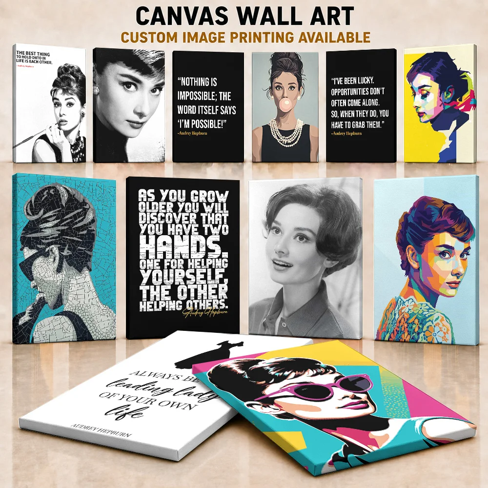 Audrey Hepburn Framed Canvas Print Posters Modern Graphic Style Wall Art With Customized Photo For Bedroom Ideal Film Fan Gift