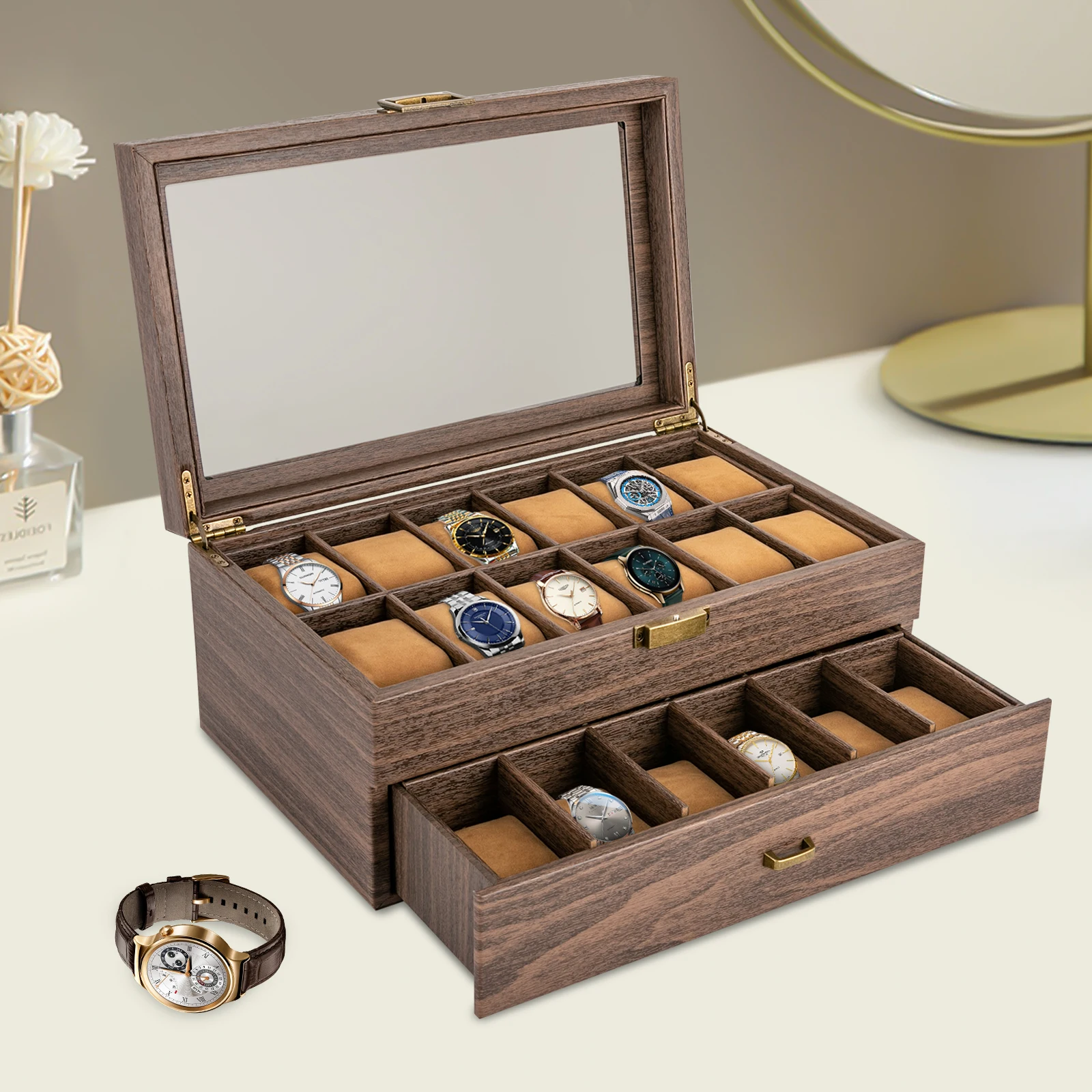 24-Fach-Organizer aus PU-Leder für Uhren, Schmuck, Uhrenboxen – Glasdeckel, weiche Kissen, Display-Aufbewahrung – für Kommode