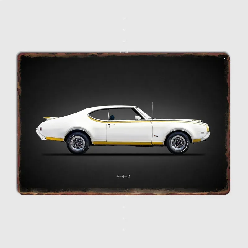 This classic American muscle car is the 4-4-2 Sports Car Metal Plaque Posters Club Home Bedroom in Sign Room Decor Wall Decor