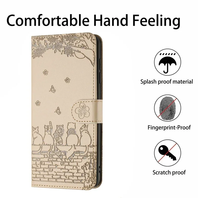 Wallet Cat Embossed Flip Over Leather Case For Samsung Galaxy S25 Ultra S24 Plus S23 S22 S21 S20 FE A06 A14 A15 A16 A35 A54 A55