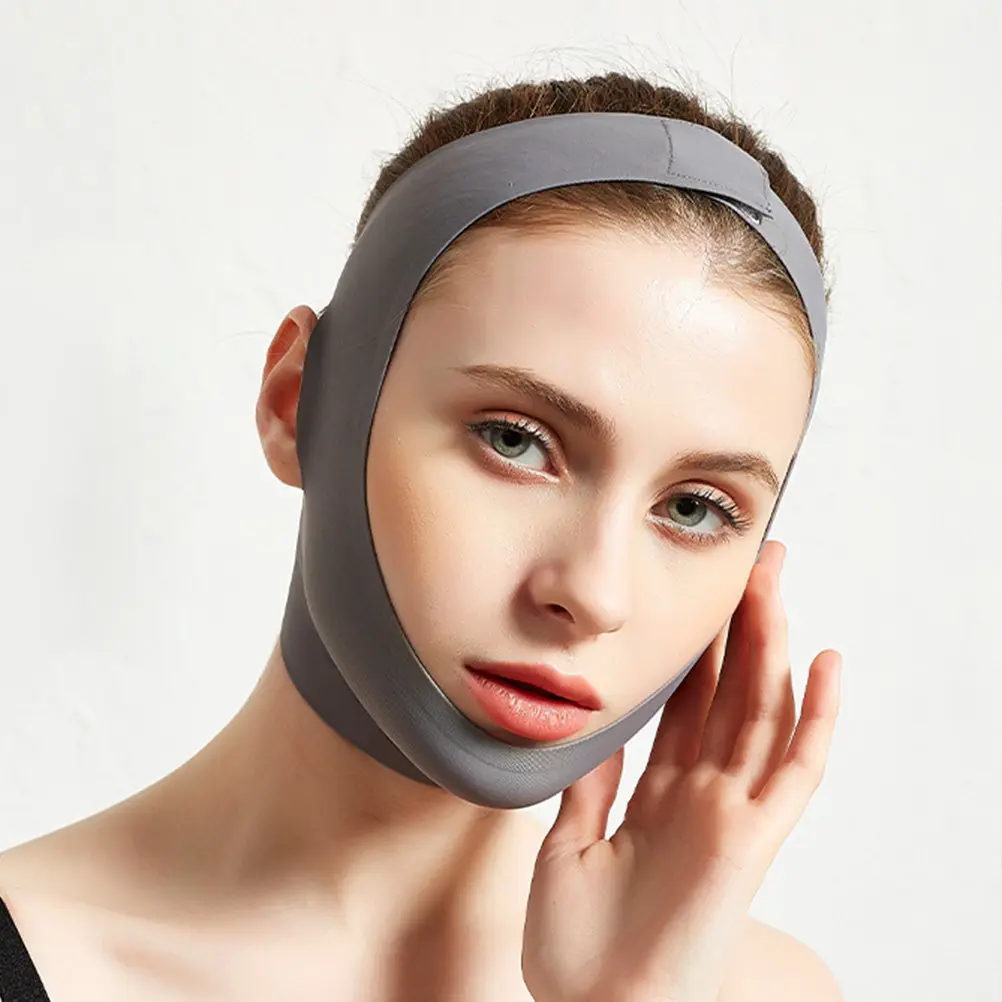 薄型フェイスマスク 通気性のある V フェイスリフティングベルト 女性用 ソフト肌に優しい引き締めサポート グレー サイズ L