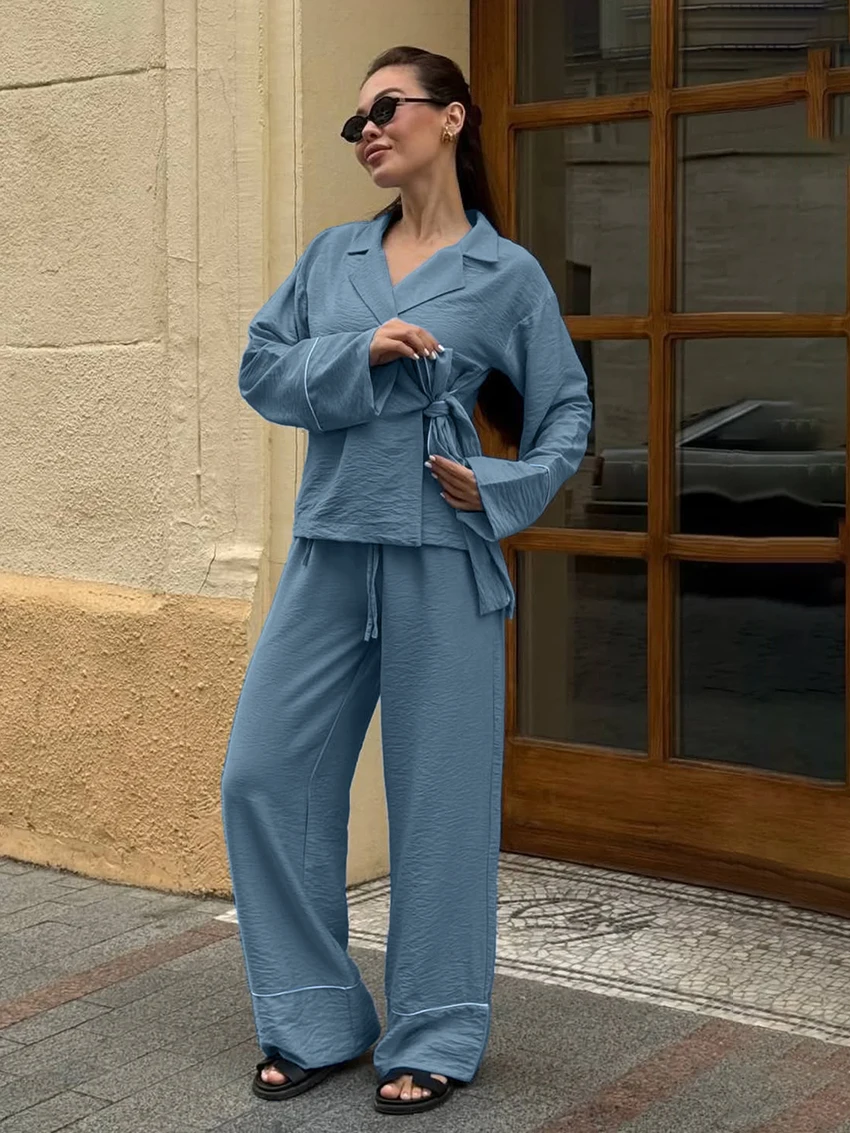 Marthaqiqi Casual Ladies Sleepwear Set Long Sleeve Pajama Lace Up Nightie Sexy Turn-Down Collar Nightgowns Pants Nightwear Suits