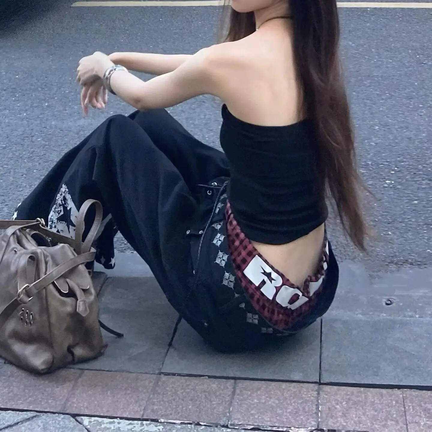 Women's Black Gothic Y2k Baggy Jeans Japanese 2000s Style Emo Wide Leg Denim Trousers Harajuku Vintage Oversize Jeans Pants