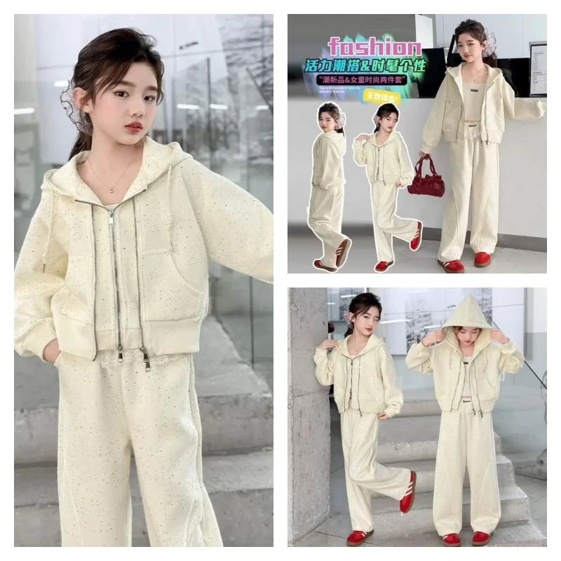 

Лидер продаж, кавайное пальто для девочек, комплект брюк, студенческий осенний повседневный комплект прямых брюк с капюшоном и молнией с героями мультфильмов, комплект из 2 предметов, детская одежда