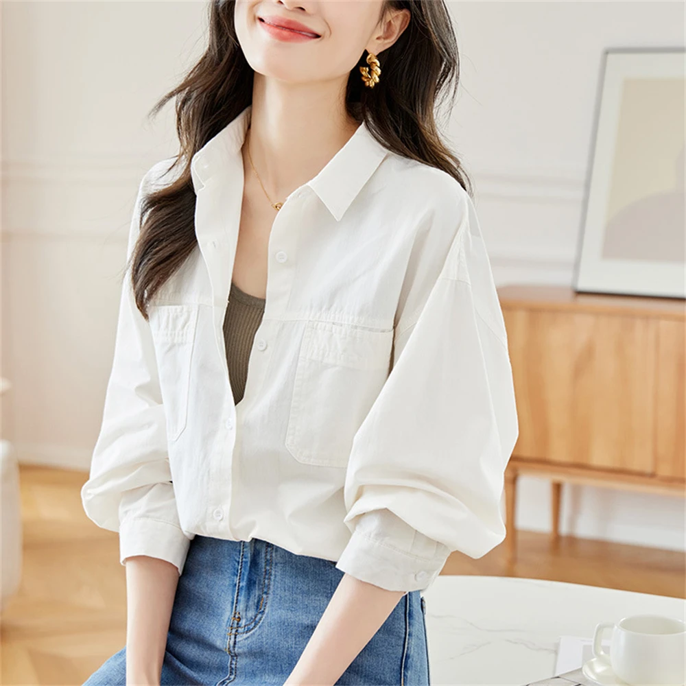 Cotton Solid Color Shirt Coat Women's Autumn New Retro Long-sleeved Blouse Office Ladies Fashion Temperament Loose Tops Femme