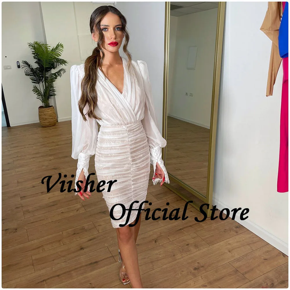 Viisher Short Mermaid Wedding Party Dresses Long Sleeve Lace Pleats Tulle Mini Bride Dress Elegant Women Evening Prom Gowns