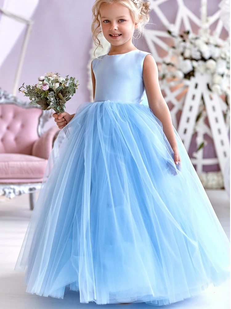 

Flower Girl Dresses Blue Tulle Diamond Belt With Bow Sleeveless For Wedding Birthday Party Banquet Princess Gowns