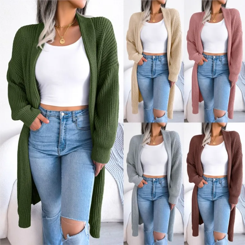 Women\'s Autumn And Winter Casual Versatile Collar Long Jacket Solid Color Cardigan Buttonless Long Sleeved Loose Sweater Coat