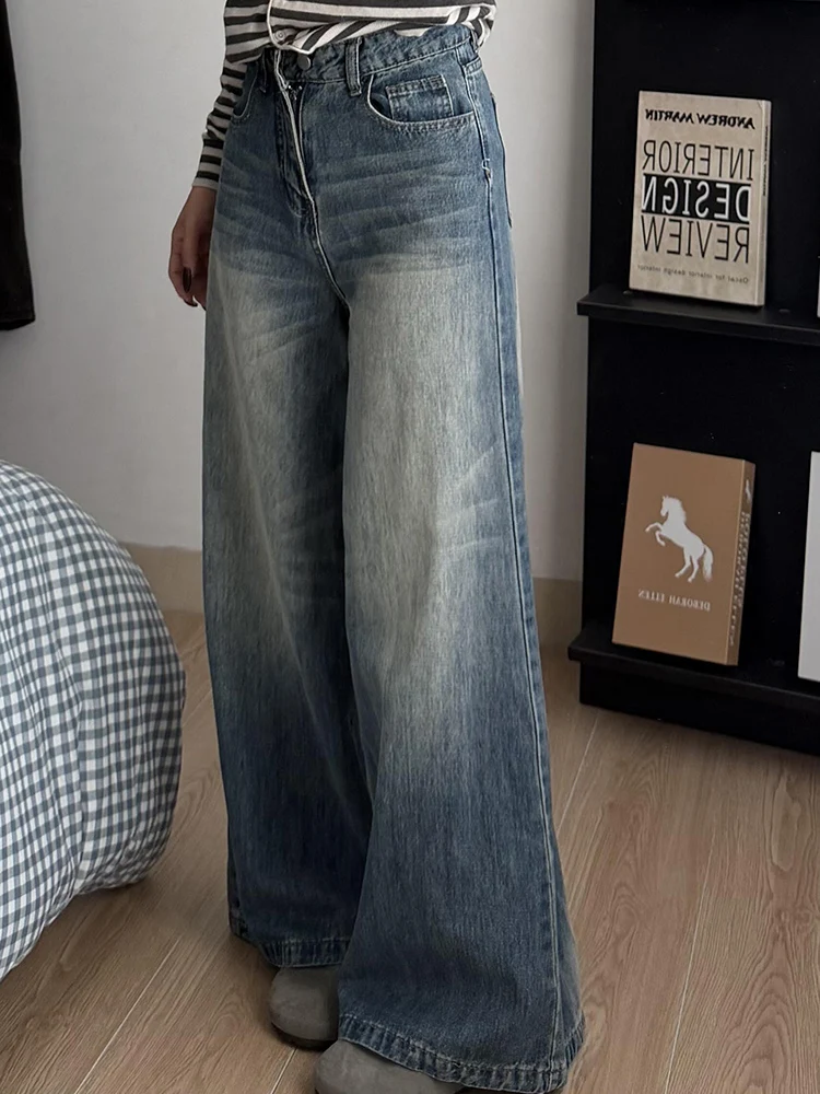 

Джинсы Y2K в стиле ретро, с эффектом потертости, широкие, женские, весенние, с высокой талией, свободного кроя, стройнящие, длиной до пола, модные