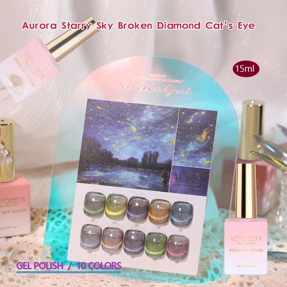 Vendeeni 10 Colors/set Rose Pink Broken Diamonds Crystal Cat Eye Gel Nail Polish Soak Off Fine Glitter Gel Lacquer With Display