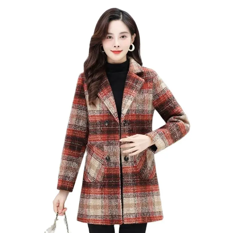 Women\'s Wool Coat Fashion Autumn Winter Plaid Jacket Korean Style Slim Double Breasted Woolen Blended Outerwear Tops Female