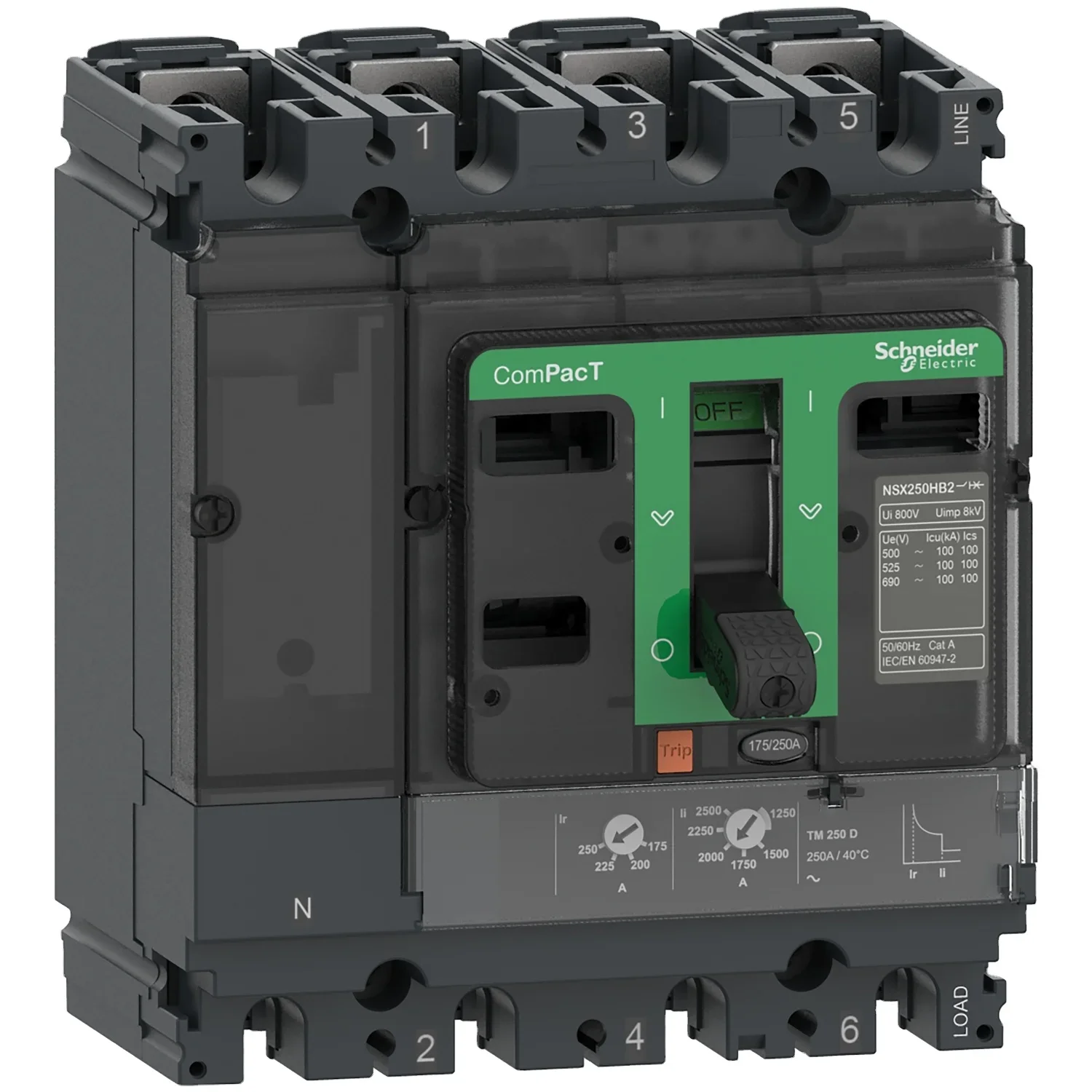 Telemecanique LV431840 circuit breaker ComPact NSX250N 50kA 415VAC TMD trip unit 250A 4P 3D MCCB C25N6TM250