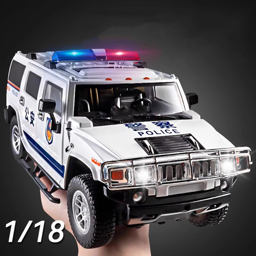 

1:18 HANMA H2 Police Car Toys Diecast Alloy Models Doors Opened Front Wheel Steering Sound Light Pull Back Children's Day Gifts