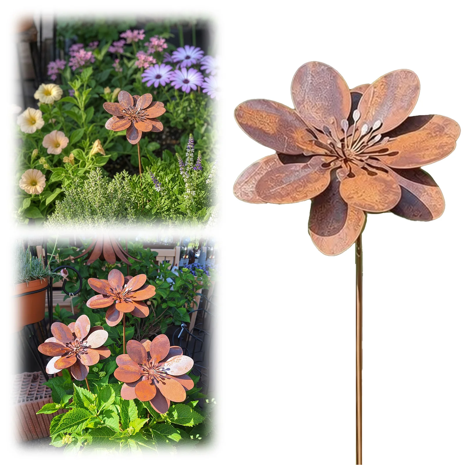 Rustic Metal Coneflower Garden Stakes 14x4 Inch Vintage Rusty Cornflower Statues Stake Metal Artistic Wire Art Decor