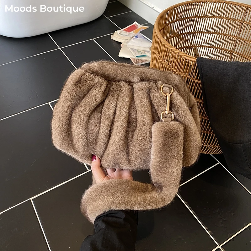 

Pleated Design Soft Plush Shoulder Crossbody Bags For Women 2025 Winter Warm Designer Handbags Commuter Pure Color Hobo Bag Lady
