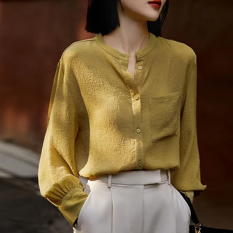 

2023 Early Autumn Texture Pleated Simple Shirt Women Vintage Lantern Long Sleeve Blouse with Pocket New Casual O Neck Tops 30039