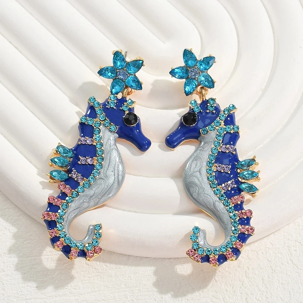 Vedawas Cute Metal Blue Black Crystal Seahorse Drop Earrings for Woman Funny Creative Marine Animal Earrings Personality Jewelry