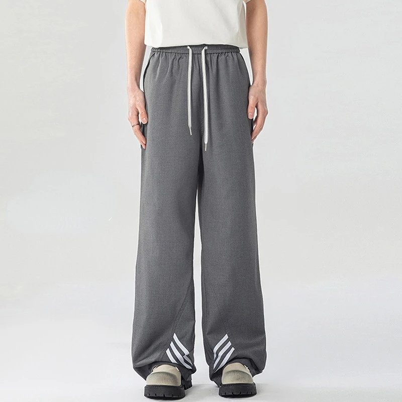Unisex Drape Stripe Trousers SS25 Urban Street Drawstring Straight Longer Length